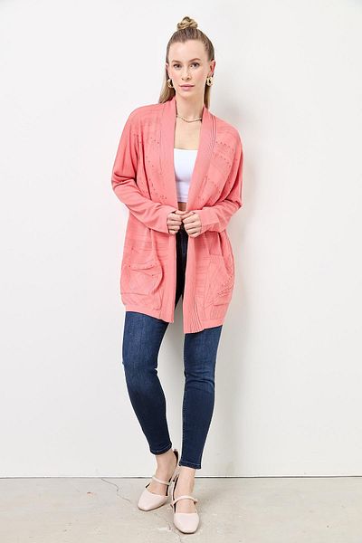 Two Mail Stacked Openwork Cardigan Coral