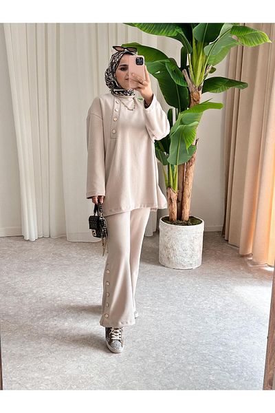 ASEL FASHİON Beige Premium Buttoned Modal Set