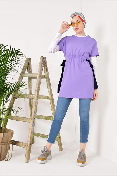 TRENDTESETTÜR Women's Purple (LILA) Elastic Waist Half Sleeve Tunic T 1810