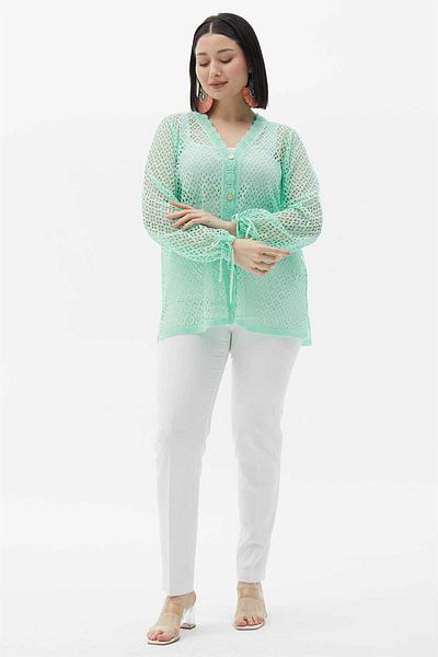 Two Mail Sleeve Lace-up Cardigan Light Green