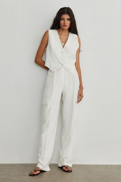 Suud Collection Weiße Cargohose aus Leinen „Como“