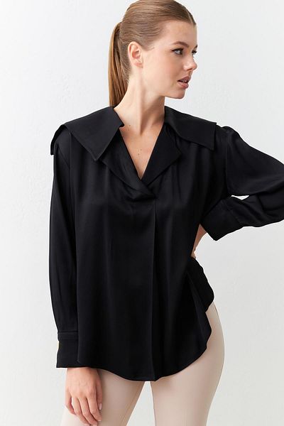 Setre Cămașă neagră relaxată - mânecă lungă și guler jachetă