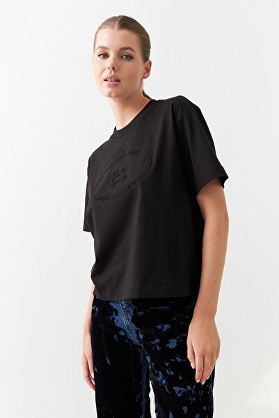 Setre Tricou negru din bumbac cu mânecă scurtă cu decolteu - Detaliu imprimat