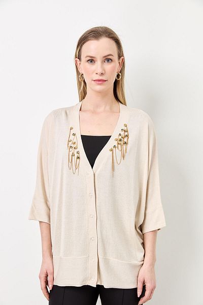 Two Mail Chain Embroidered Cardigan Linen