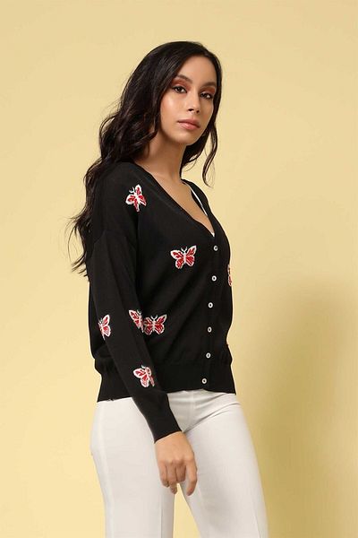 Two Mail Black Butterfly Patterned Cardigan