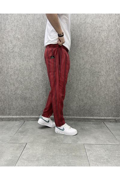 FıttingRoom Comfortable Fit Elastic Waist Reverse Double Leg Cotton Woven Bohemian Striped Trousers