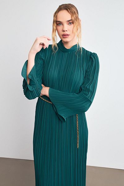 Setre Green Turtleneck Waist Belt Detailed Midi Length Wide Fit Dress