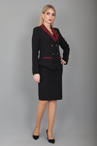 ÖNDER ÖZSOY Garnili Ceket & Arka Yırtmaçlı Vazo Etek Takım-Bordo