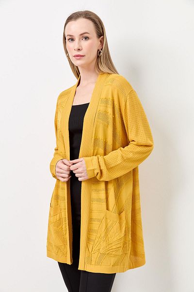 Two Mail Stacked Openwork Cardigan MUSTARD