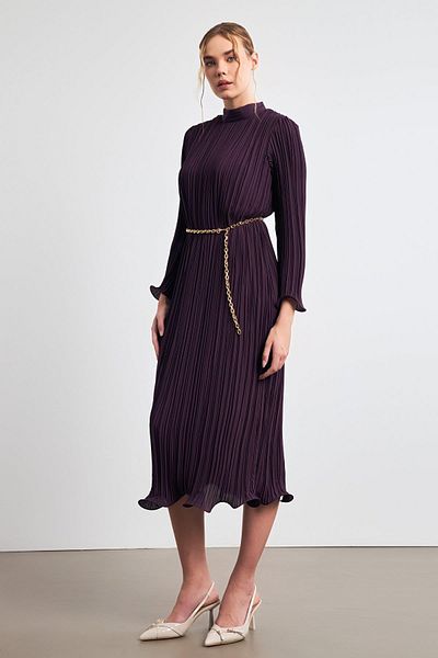 Setre Rochie midi cireș cu gât țesut - Detaliată cu centură