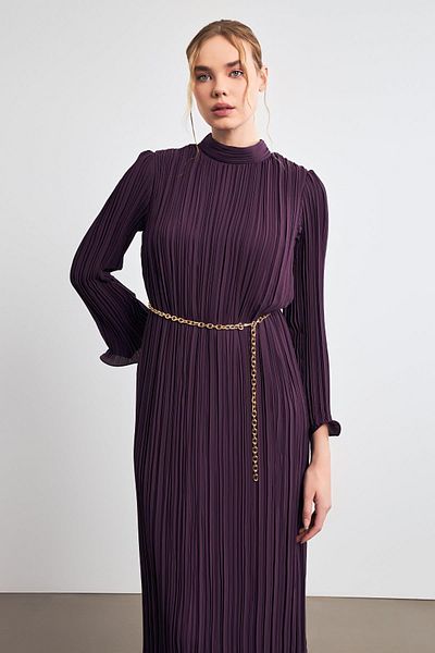 Setre Rochie midi cireș cu gât țesut - Detaliată cu centură