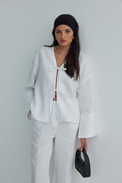 Suud Collection Minnie Patterned White 100% Linen Blouse