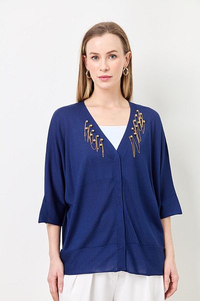 Two Mail Chain Embroidered Cardigan NAVY BLUE