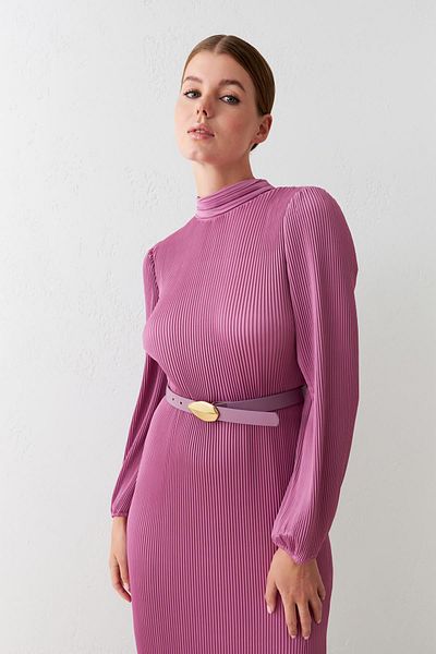Setre Dusty Rose Pleated Detailed Midi Length Belted Dress
