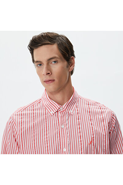 Nautica Erkek Kırmızı Classic Fit Uzun Kollu Çizgili Gömlek