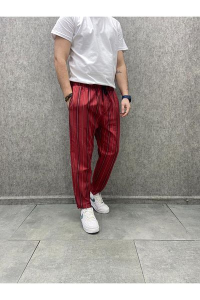 FıttingRoom Comfortable Fit Elastic Waist Reverse Double Leg Cotton Woven Bohemian Striped Trousers