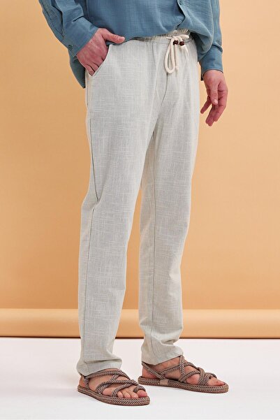 FıttingRoom Elastic Waist Straight Leg Alaçatı Cotton Linen Mint Trousers