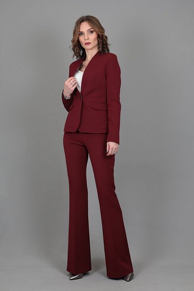 ÖNDER ÖZSOY Claret Red Single Button Collarless Jacket and Flared Trousers Set