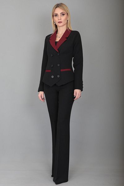 ÖNDER ÖZSOY Burgundy Garnished Jacket and Flared Trousers Set