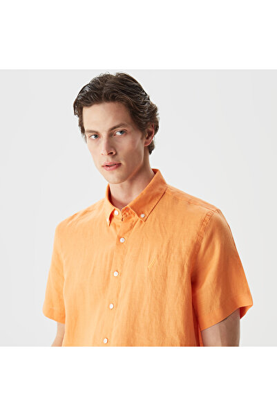 Nautica Erkek Turuncu Classic Fit Kısa Kollu Keten Gömlek