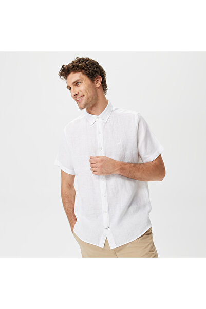 Nautica Erkek Beyaz Classic Fit Kısa Kollu Keten Gömlek