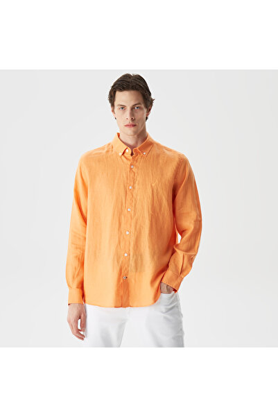 Nautica Erkek Turuncu Classic Fit Uzun Kollu Keten Gömlek