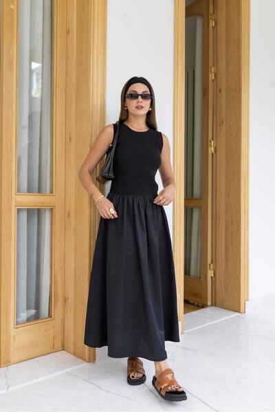 Askı Nişantaşı Siyah Sıfır Kol Fitilli Kumaş Detaylı Elbise