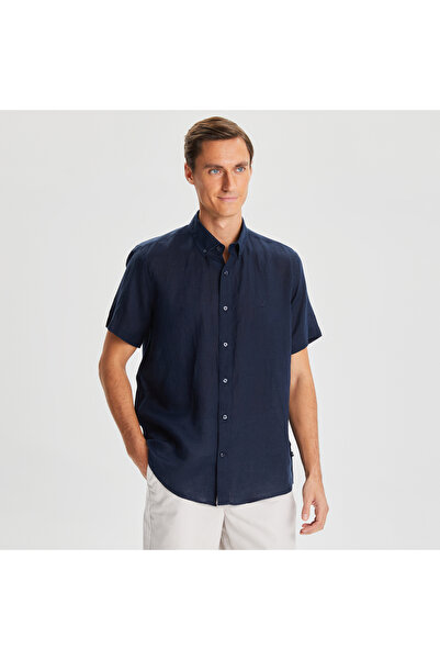 Nautica Erkek Lacivert Classic Fit Kısa Kollu Keten Gömlek
