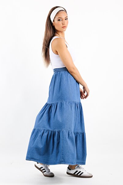 Ritnice Kadın Sporty Koyu Mavi Uzun Yumuşak Jean Etek