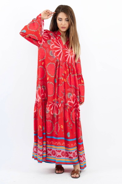 Ritnice Prive Women's Wave Sleeve Flounce 100% Viscose Red Maxi Length Summer Dress