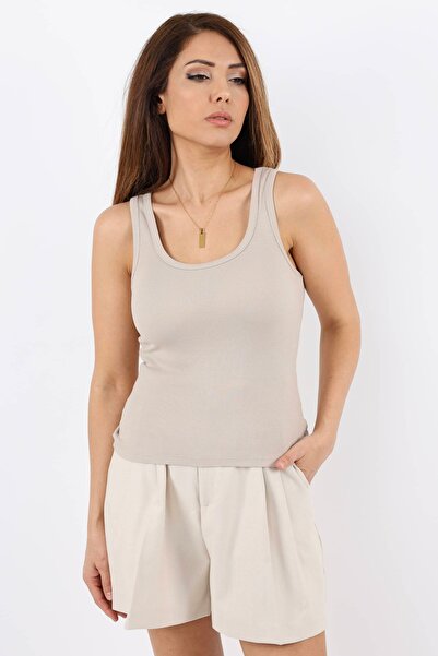 Ritnice Women's Cotton Premium Texture Beige Cotton Basic Corded Tank Top
