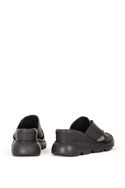 Dericlub Γυναικείες παντόφλες με τακούνι από γνήσιο δέρμα Zy 7673 Μαύρες - Cross Band Padding