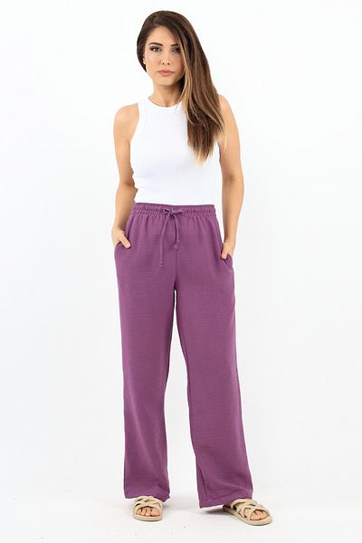 Ritnice Pantaloni de damă, comozi, mov, cu tăietură dreaptă, cu talie elastică