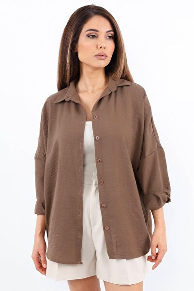 Ritnice Λινό Άνετο Καφέ Κρύο Μακρύ Πουκάμισο - Γυναικείο