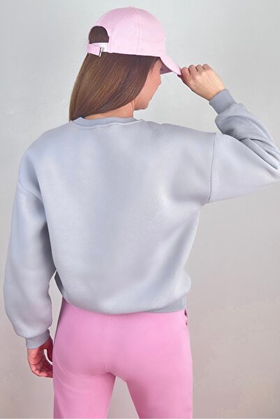 Ritnice Women's Cozy Gray Basic Crew Neck Cotton Thick Knitted Sweatshirt with Fleece Inside