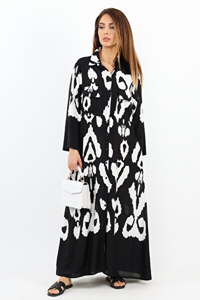 Ritnice Prive γυναικείο Larin 100% βισκόζη μαύρο πουκάμισο με γιακά με κουμπιά μακρύ καλοκαιρινό φόρεμα