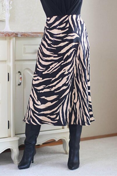 Ritnice Fustă midi din Satin Bej Negru de damă