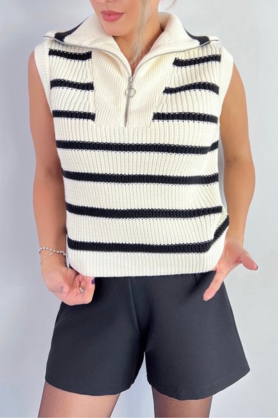 Ritnice Γυναικεία πλεκτά πλεκτά πουλόβερ με φερμουάρ με ριγέ κρέμα πόλο