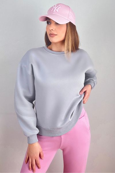 Ritnice Γυναικεία άνετη γκρι βασική λαιμόκοψη βαμβακερή πλεκτή φούτερ με φλις μέσα