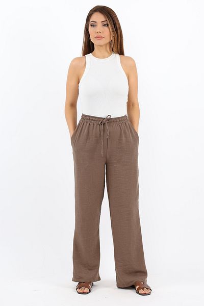 Ritnice Pantaloni de damă din in, confortabili, maro, cu croială dreaptă, cu talie elastică