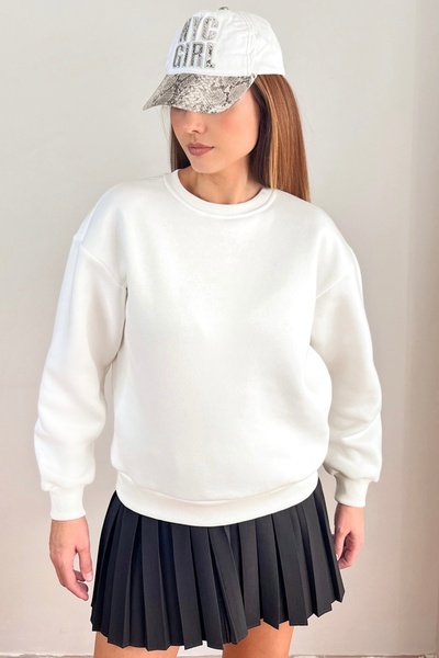 Ritnice Women's Cozy Fleece Inside Ecru Basic Crew Neck Cotton Thick Knitted Sweatshirt