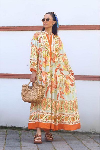 Ritnice Orange Floral Patterned Prive Women's Long Katleya Dress