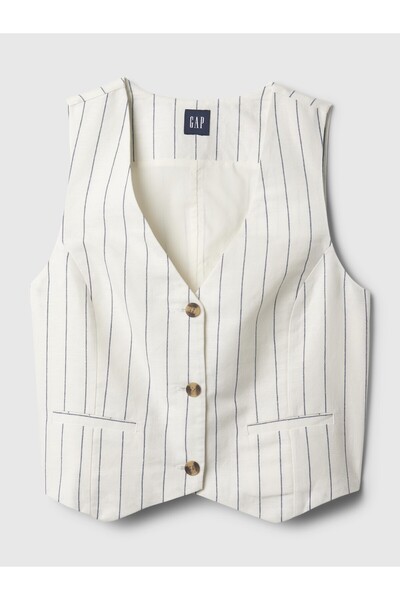 GAP Kadın Kırık Beyaz Keten Karışımlı Çizgili Yelek