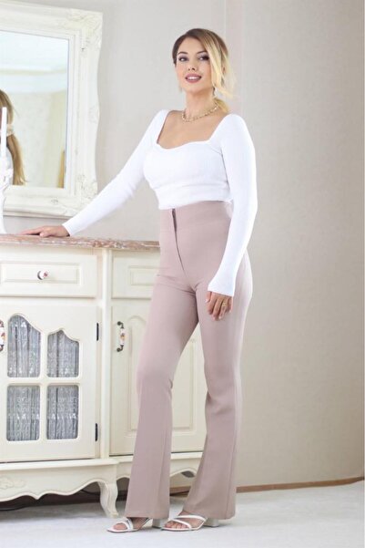 Ritnice Women's Beige Ultra High Waist Flared Leg Trousers