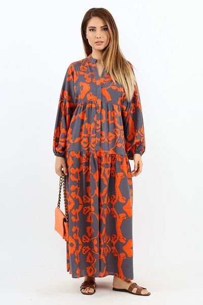 Ritnice Prive Women's Chain 100% Viscose Maxi Length Orange Balloon Sleeve Long Summer Dress