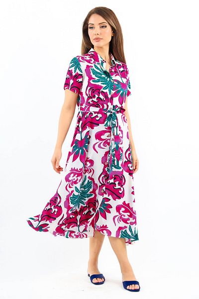 Ritnice Ροζ Midi Viscose Φόρεμα - Flare Shirt γιακάς και ζώνη
