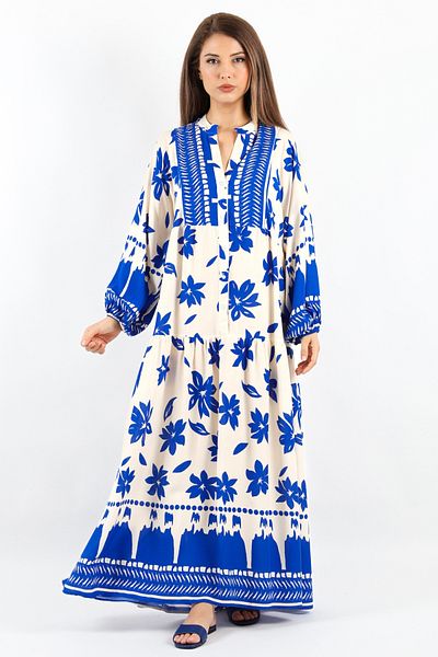 Ritnice Prive Women - 100% Viscose, Blue Cream, Maxi Length μακρύ καλοκαιρινό φόρεμα