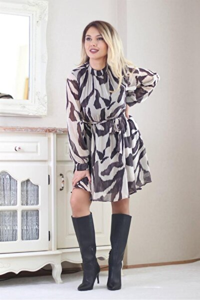 Ritnice Kadın Zebra Desen Astarlı Şifon Elbise