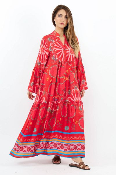 Ritnice Prive Women's Wave Sleeve Flounce 100% Viscose Red Maxi Length Summer Dress