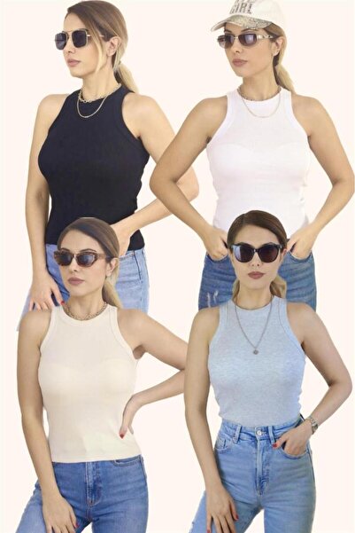 Ritnice Pachet de 4 maiouri din bumbac premium pentru femei material reiat alb, negru, crem, gri